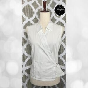 Talbots Petites White Stretch Collared Sleeveless Buckle Wrap Blouse Size Medium